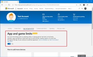 Microsoft account enable app and game limit