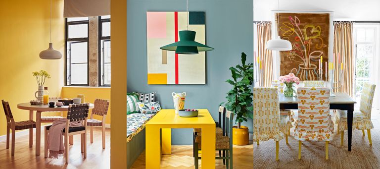 Three examples of yellow dining room ideas. Yellow painted dining room. Dining room with yellow furniture and accessories. Dining room that uses multiple shades of yellow.