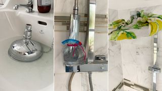 Three steps showing how to clean a shower head in the sink, with a freezer bag and a soaked tea towel