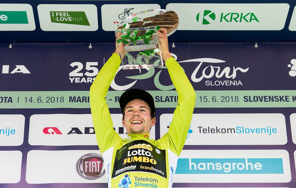 Primoz Roglic celebrating his win at the 2018 Tour de Slovenie