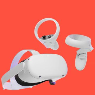 The Oculus Quest 2 on a red background