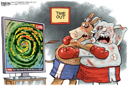Political cartoon U.S. Hurricane Michael politics republicans democrats timeout