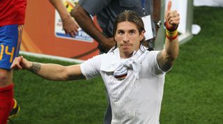 DURBAN, SOUTH AFRICA - JULY 07: Sergio Ramos of Spain celebrates victory and a place in the final during the 2010 FIFA World Cup South Africa Semi Final match between Germany and Spain at Durban Stadium on July 7, 2010 in Durban, South Africa. (Photo by Steve Haag/Getty Images)