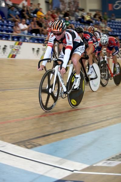 One of the more mature riders, Dr Brent Kay, wins his points race heat