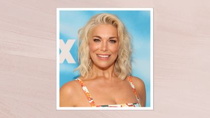 Hannah Waddingham is pictured with a wavy blonde bob at the FOX Fall Press Day Red Carpet held at the FOX Lot on September 5, 2024 in Los Angeles, California/ in a pastel pink template