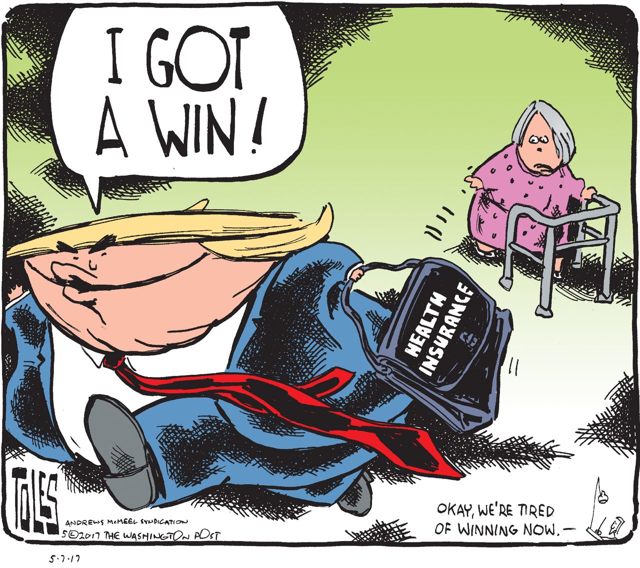 Political Cartoon U.S. Trump Health care AHCA Win