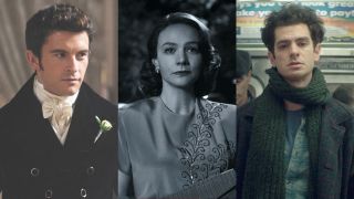 From left to right: press images of Jonathan Bailey in Bridgerton, Carey Mulligan in Meastro and Andrew Garfield in Tick, Tick...Boom.