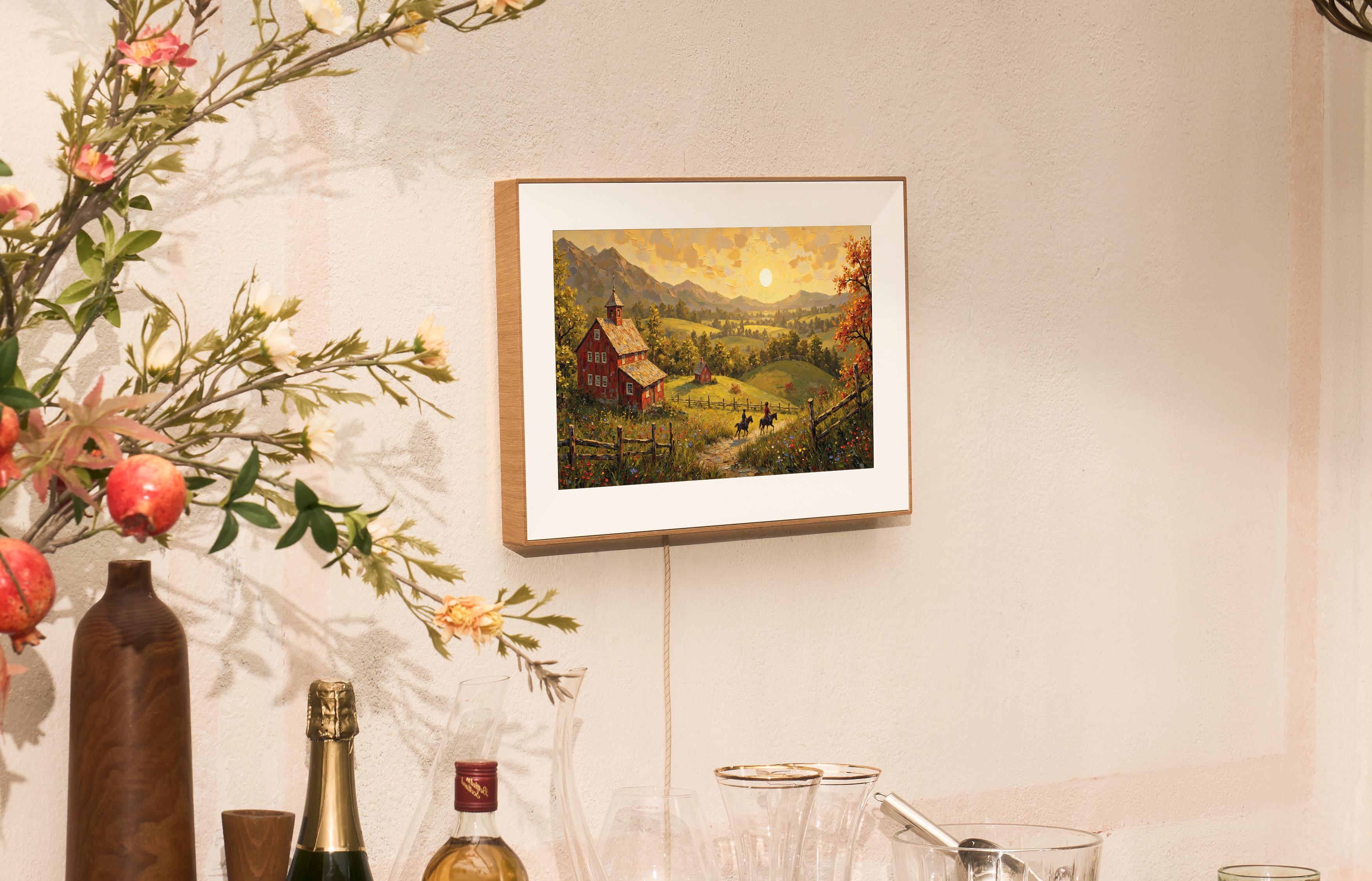 Pexar Starlight digital photo frame mounted to a wall in daytime