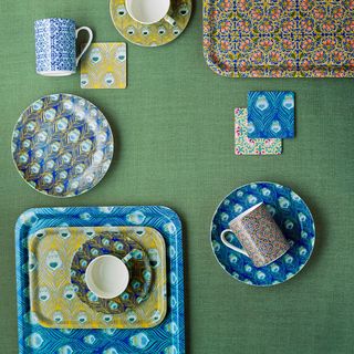 blue pattern plates and mugs with tray