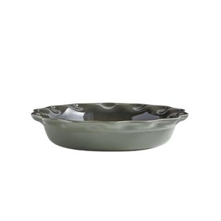 grey green colored pie dish with scaloped rim
