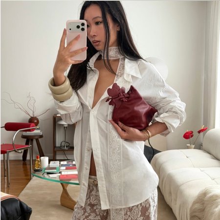  @thecarolinelin wears lace scarf and trousers white shirt