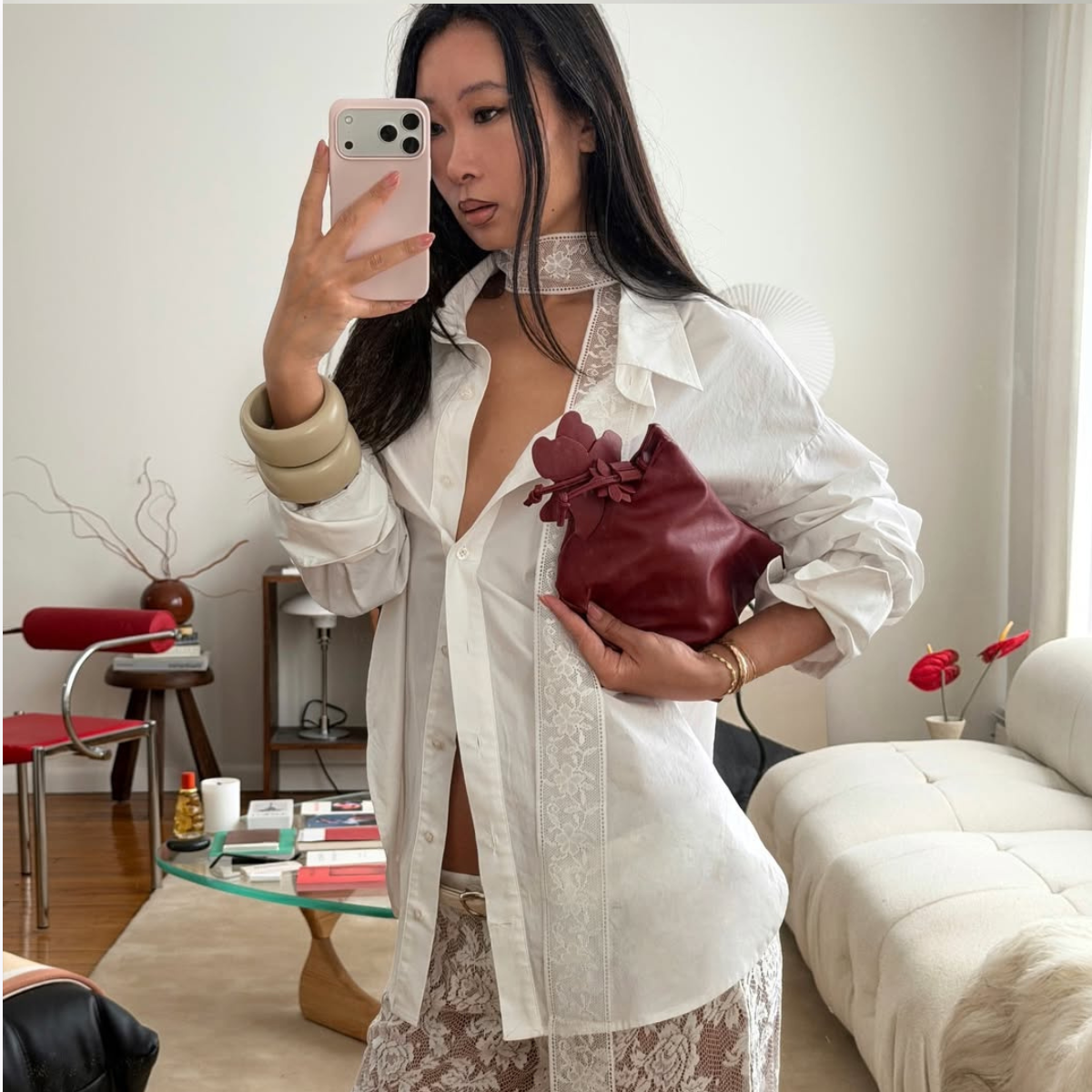  @thecarolinelin wears lace scarf and trousers white shirt
