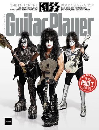 (from left) Gene Simmons, Paul Stanley, and Tommy Thayer adorn the cover of Guitar Player's Holiday 2023 issue