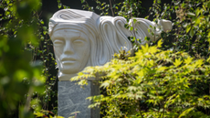 a bust sculpture on a plinth in a sea of greenery