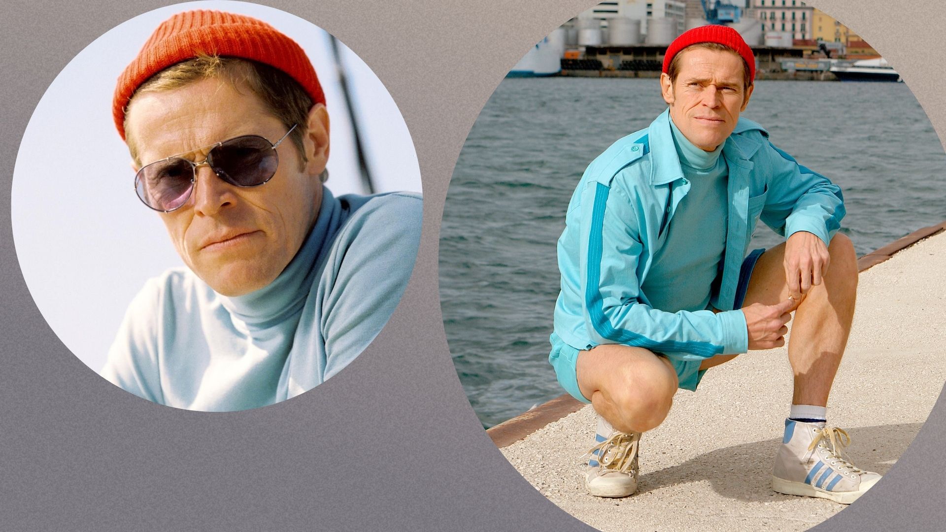 Willem Dafoe in The Life Aquatic with Steve Zissou, one image of him crouching as well as a close up of his face