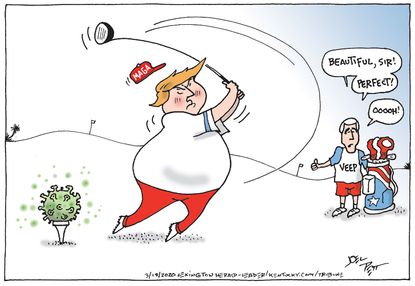 Political Cartoon U.S. Trump golfing coronavirus missed shot Pence