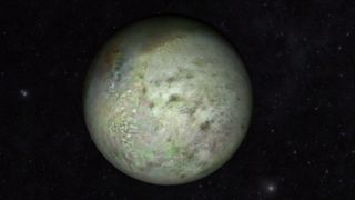 Neptune's moon Triton is seen in new detail in this still from a NASA animation showing the best map yet of the moon using data from the Voyager 2 spacecraft collected during a flyby on Aug. 25, 1989.