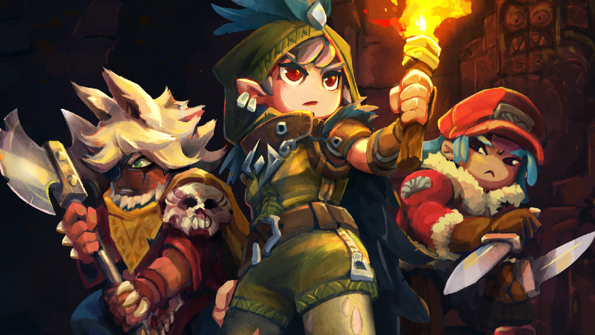 Three adventurers in Hytale stand poised to do battle in an ancient ruin.