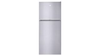 A stainless steel, two door Beko refrigerator on a white background