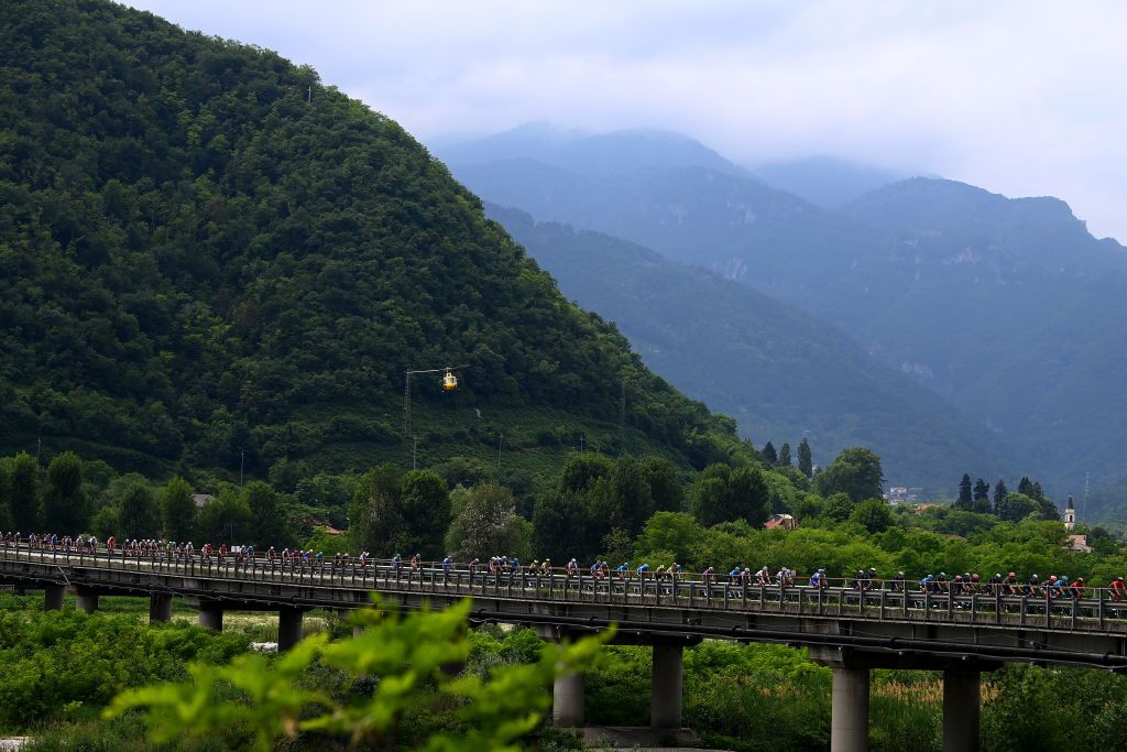 TREVISO ITALY MAY 26 A general view of the peloton passing through a landscape during the 105th Giro dItalia 2022 Stage 18 a 156km stage from Borgo Valsugana to Treviso Giro WorldTour on May 26 2022 in Treviso Italy Photo by Tim de WaeleGetty Images