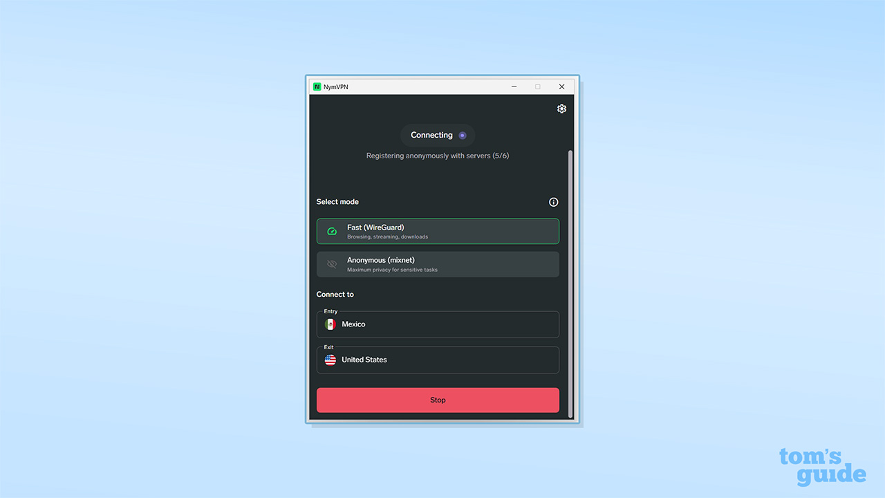NymVPN's dashboard while connecting
