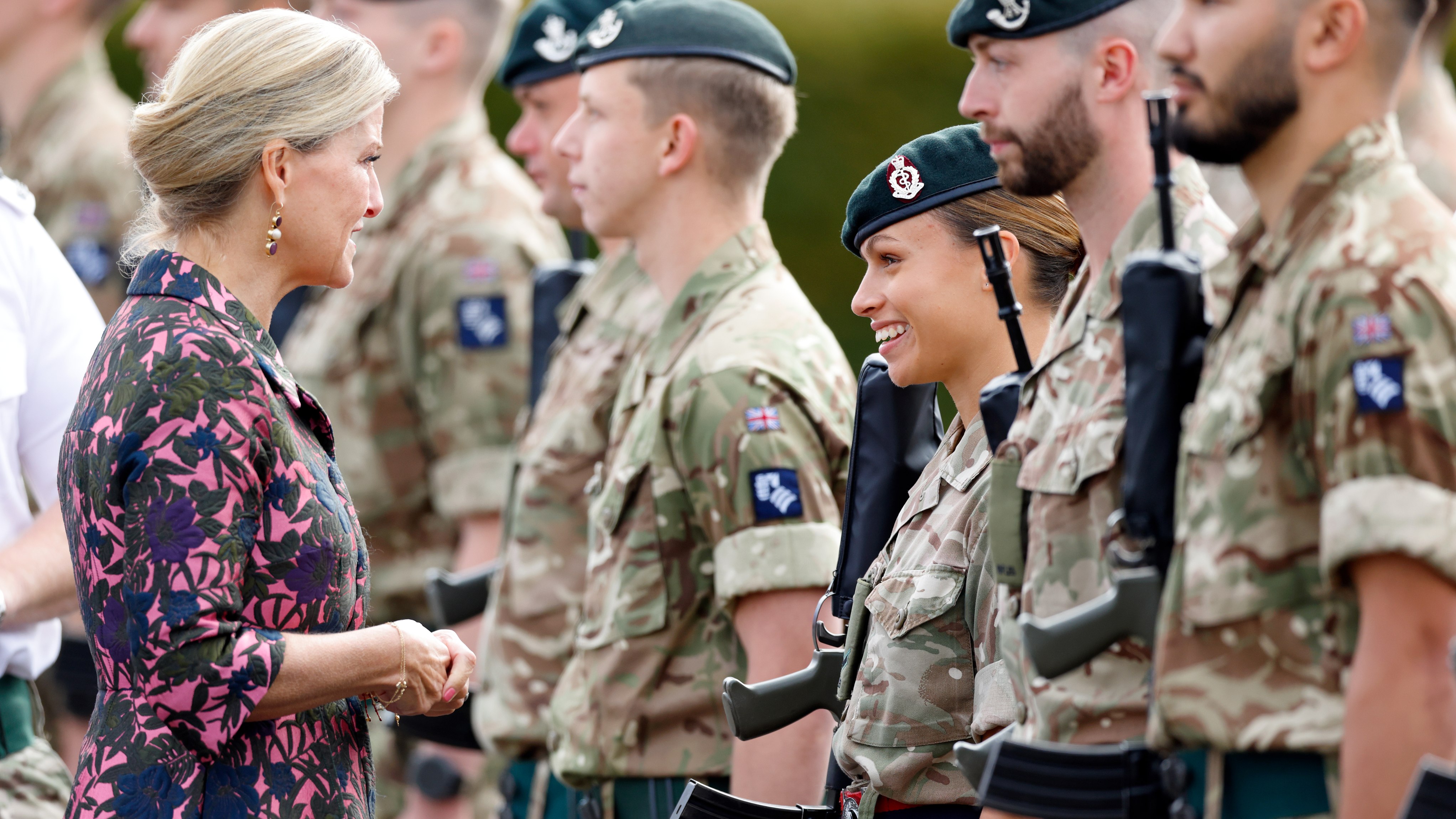 Sophie, Duchess of Edinburgh, in her role as Royal Colonel 5th Battalion, The Rifles, talks with a soldier of the Royal Army Medical Corps