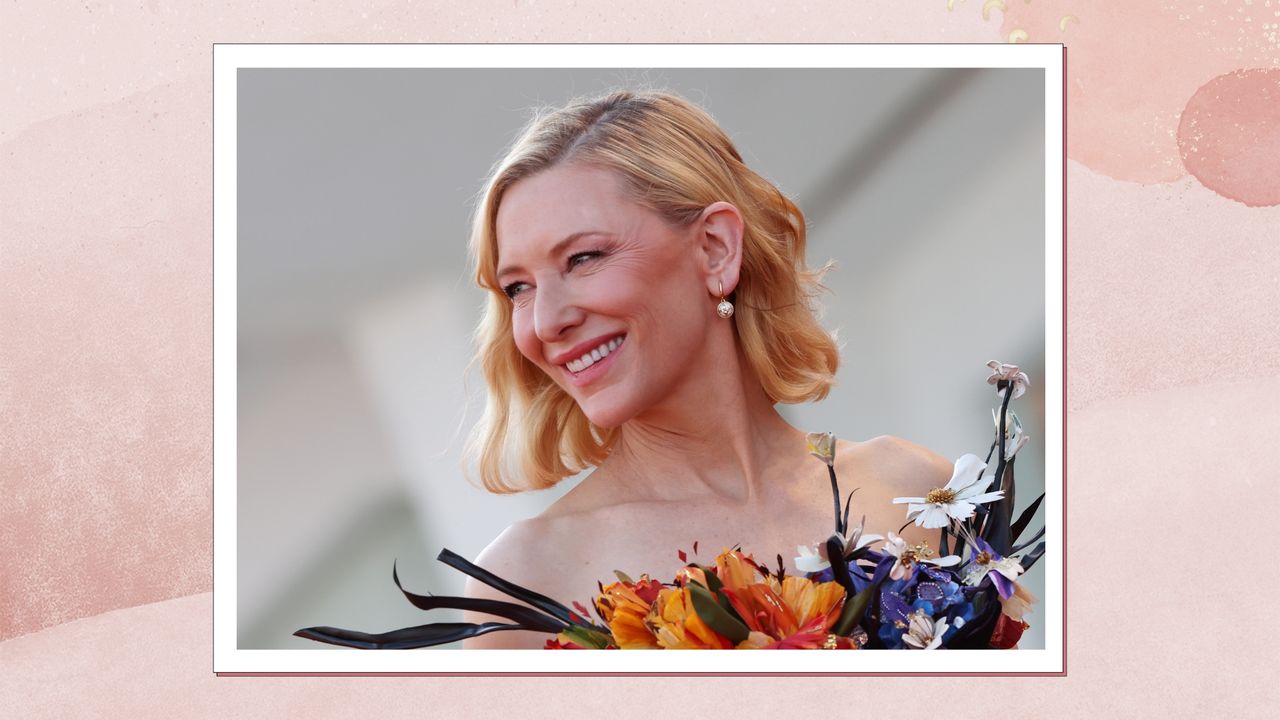  Cate Blanchett is pictured with a wavy bob whilst attending the &quot;Tar&quot; red carpet at the 79th Venice International Film Festival on September 01, 2022 in Venice, Italy/ in a pink watercolour template