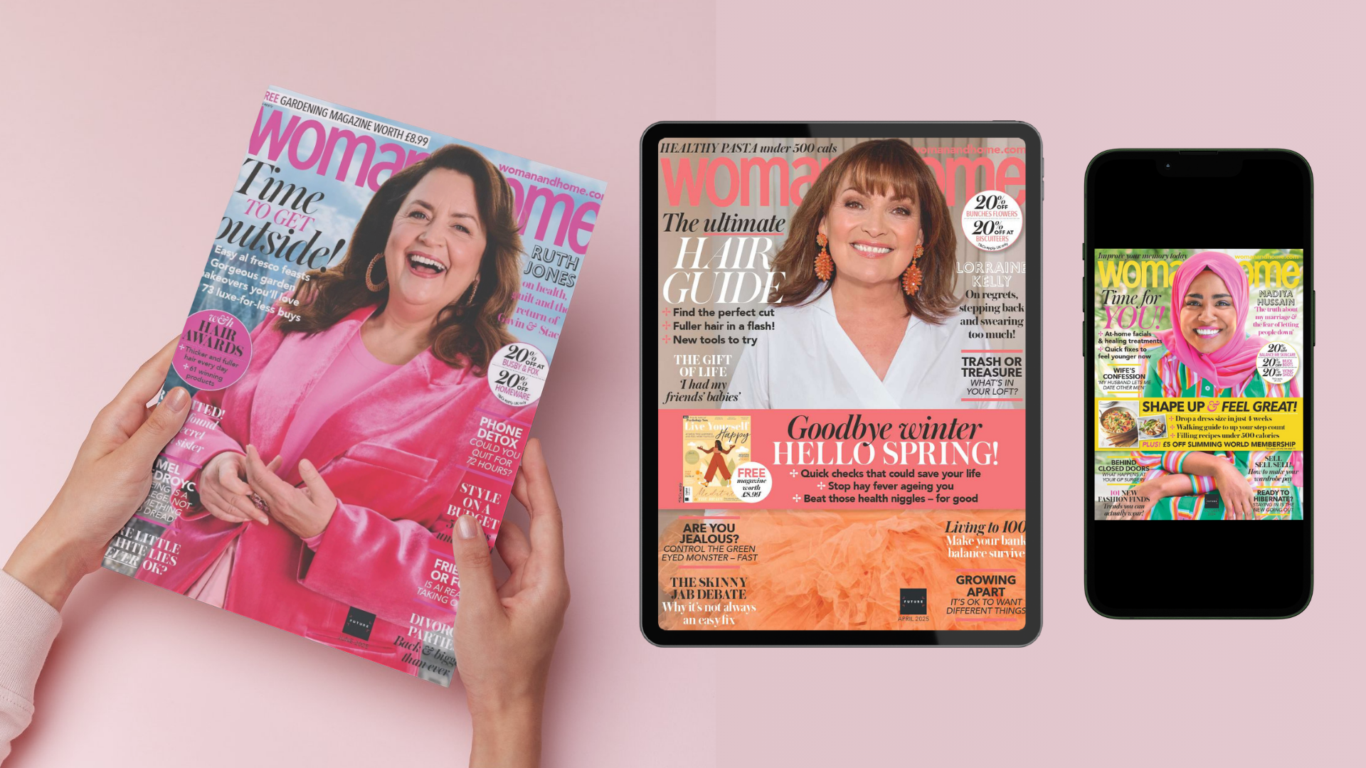 A pair of hands holding a woman&home magazine featuring Ruth Jones, beside a tablet showing a digital issue with Lorraine Kelly, and a phone showing the Nadiya Hussain issue