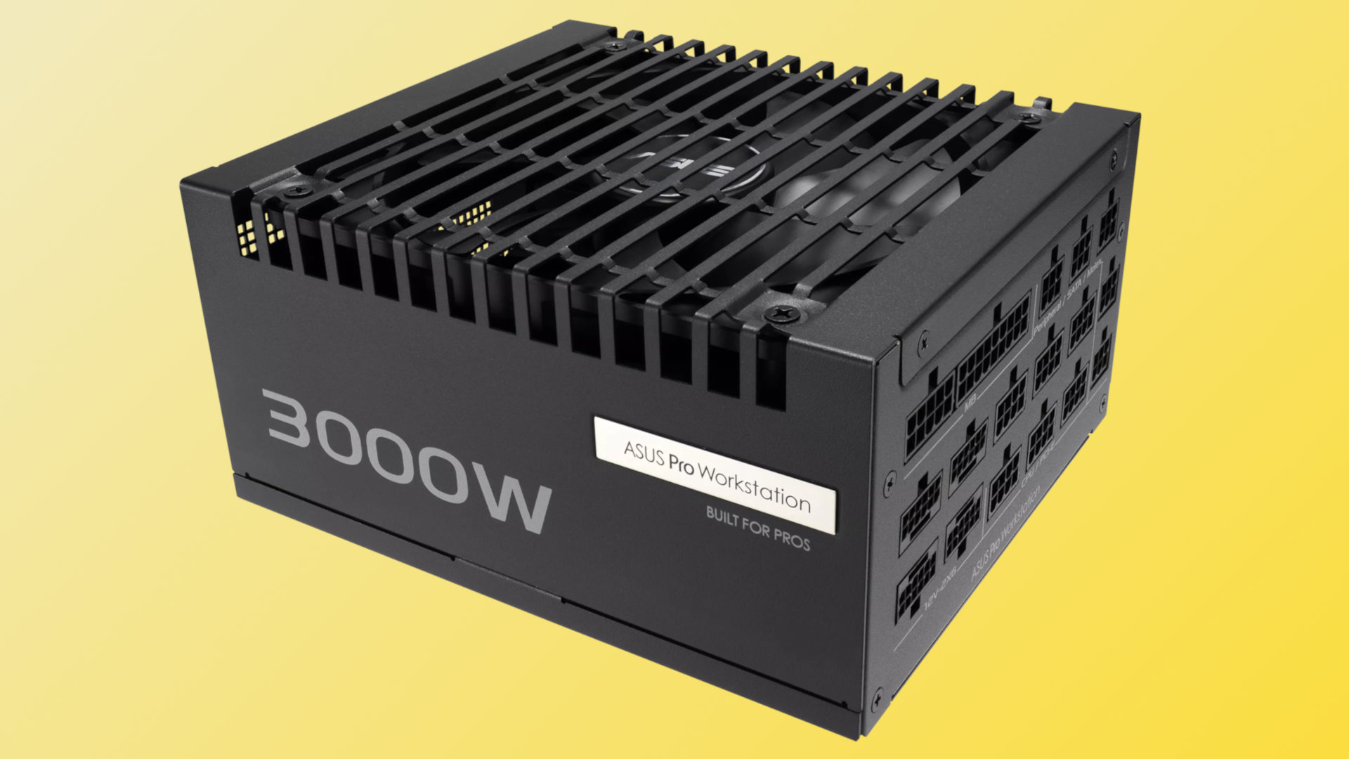 An image of an Asus Pro WS 3000W Platinum PSU against a gold/yellow gradient background.