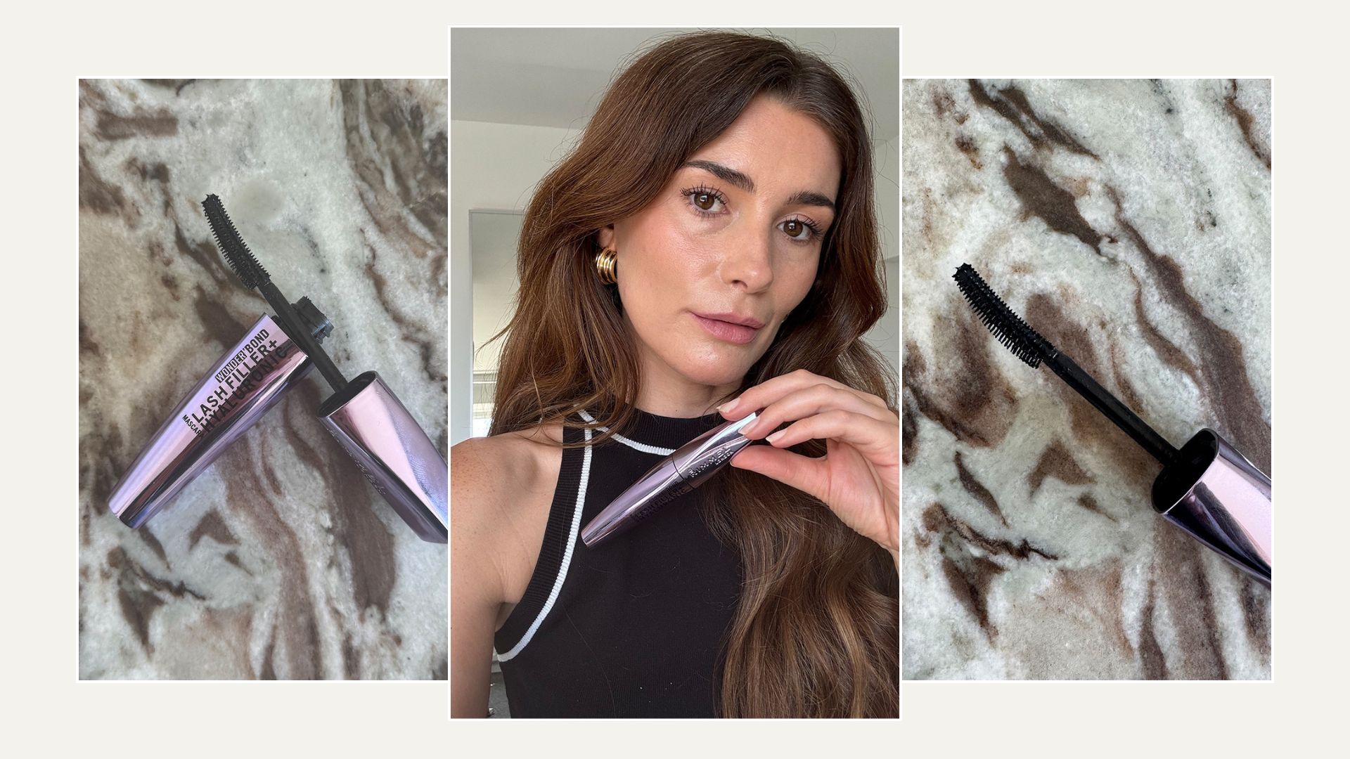 A collage of the Rimmel Wonderbond mascara with beauty editor Eleanor testing it to camera