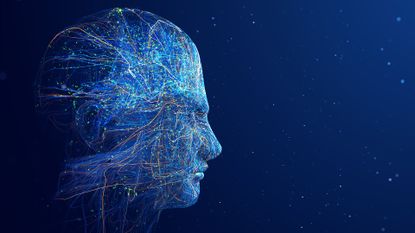 Side profile view of a human head with brain synapses and flowing data lines.
