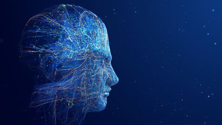 Side profile view of a human head with brain synapses and flowing data lines. 