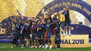France's players celebrate their World Cup win in 2018.
