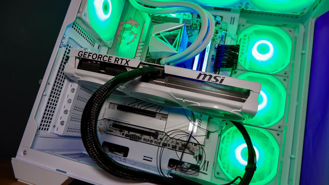 An MSI RTX 5080 in white installed in a gaming PC.