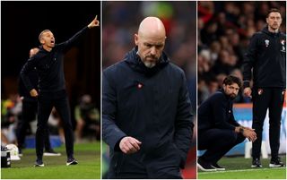 MANCHESTER, ENGLAND - SEPTEMBER 29: Erik ten Hag, Manager of Manchester United, reacts during the Premier League match between Manchester United FC and Tottenham Hotspur FC at Old Trafford on September 29, 2024 in Manchester, England. (Photo by Carl Recine/Getty Images)