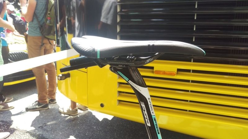 A San Marco saddle attacked to a FSA K-Force seat post for Gesink. The black extension on the saddle is a Dimension Data GPS transponder which is a feature on all bikes at this year's race