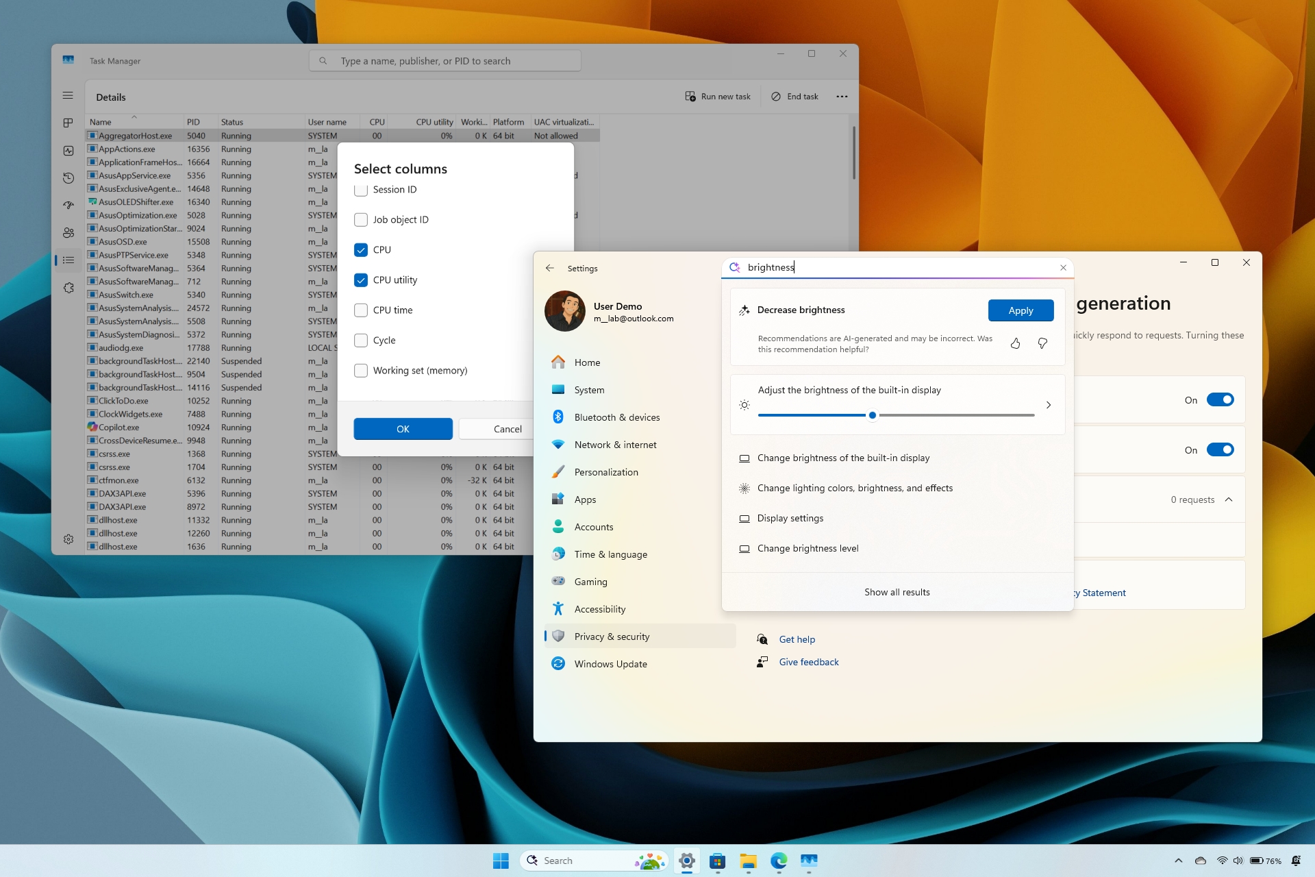 Windows 11 desktop with Task Manager and Settings