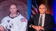 Left image shows astronaut Michael Collins in Apollo spacesuit, right image shows collins at Collins is seen at the National Press Club in 2019