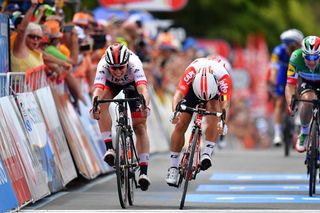 Jasper Philpsen and Caleb Ewan battle for the line at the end of stage 5 at the Tour Down Under