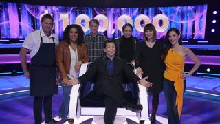 Curtis Stone, Kym Whitley, Tony Hawk, Michael McIntyre, Chris Kattan, Christina Ricci and Jackie Tohn standing on stage in The Wheel US