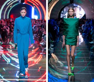 Models wear blue maxi dress and green mini dress with green fluorescent pumps