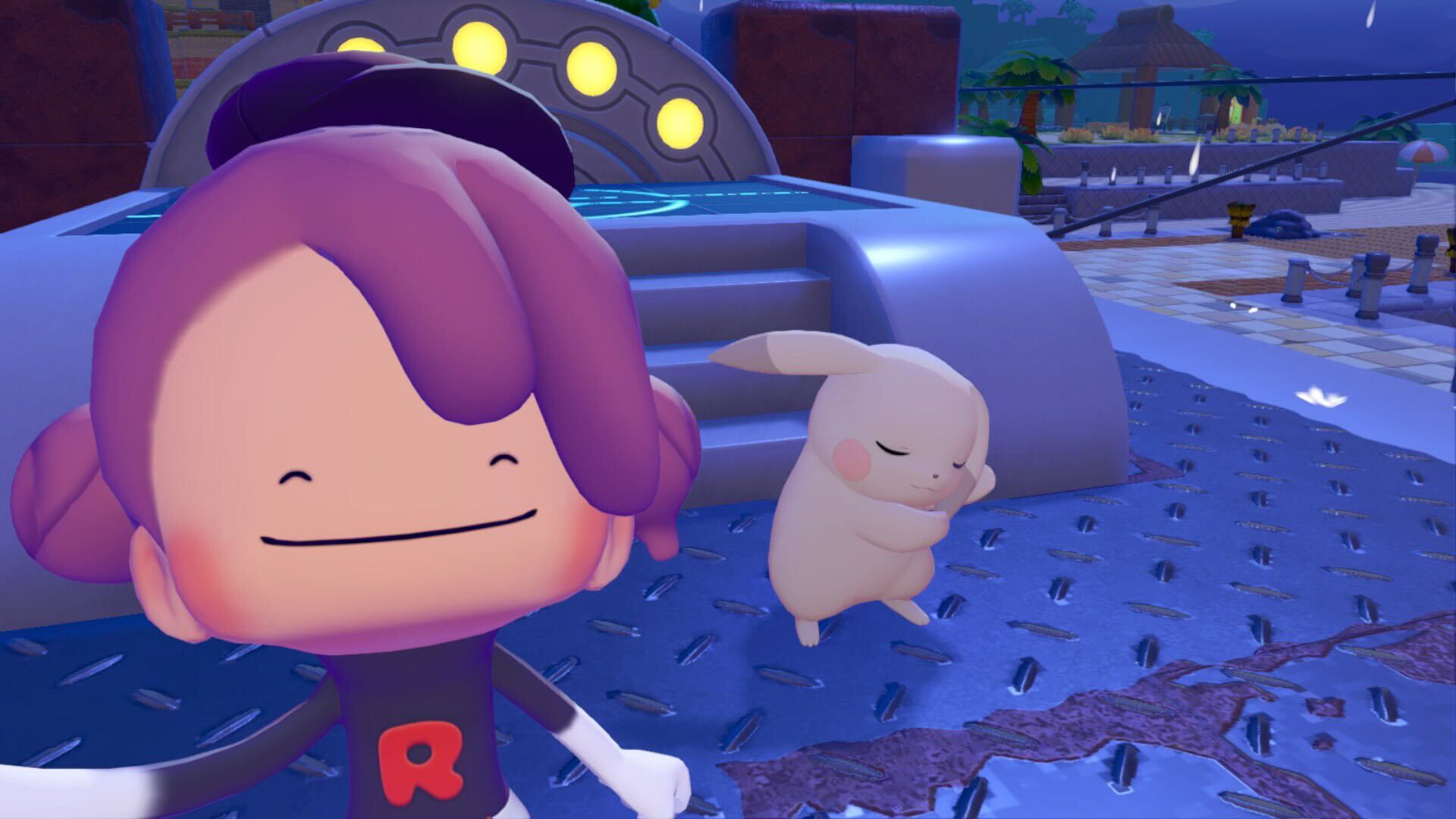 Ditto and Peakychu in Pokemon Pokopia posing for a photo