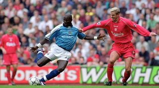 9 Sep 2000: George Weah of Manchester City scores City's first goal during the FA Carling Premiership match against Liverpool at Anfield, in Liverpool, England. Liverpool won the match 3-2. \ Mandatory Credit: Aubrey Washington /Allsport