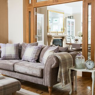 plan living room with mink velvet sofa