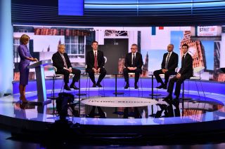 Emily Maitlis, Has Emily Maitlis left Newsnight? LONDON, ENGLAND - JUNE 18: In this handout photo provided by the BBC, (L-R) MP Boris Johnson, Secretary of State for Foreign Affairs Jeremy Hunt, Secretary of State for Environment, Food and Rural Affairs of the UK Michael Gove, Home Secretary of the UK, Sajid Javid, and Secretary of State for International Development of the UK, Rory Stewart participate in a Conservative Leadership televised debate on June 18, 2019 in London, England. Emily Maitlis hosts the second of the televised Conservative Leadership debates for the BBC. Boris Johnson, Michael Gove, Jeremy Hunt, Rory Stewart and Sajid Javid made it through the second ballot while Dominic Raab did not. The third ballot will be held tomorrow, (Wednesday). (Photo by Jeff Overs/BBC via Getty Images)