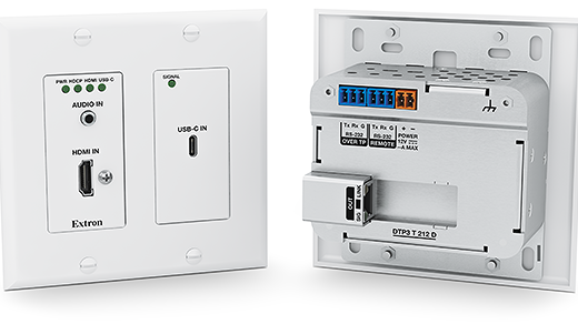 The Extron 4K/60 USB-C and HDMI Two-Input DTP3 Wallplate Transmitter.