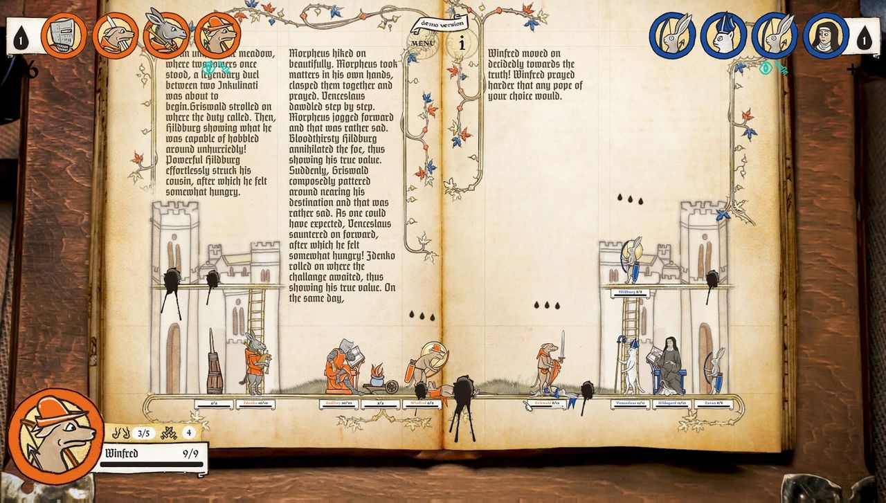 Image of medieval marginalia creatures battling in game Inkulinati. They are illustrated in a style like an illuminated manuscript.
