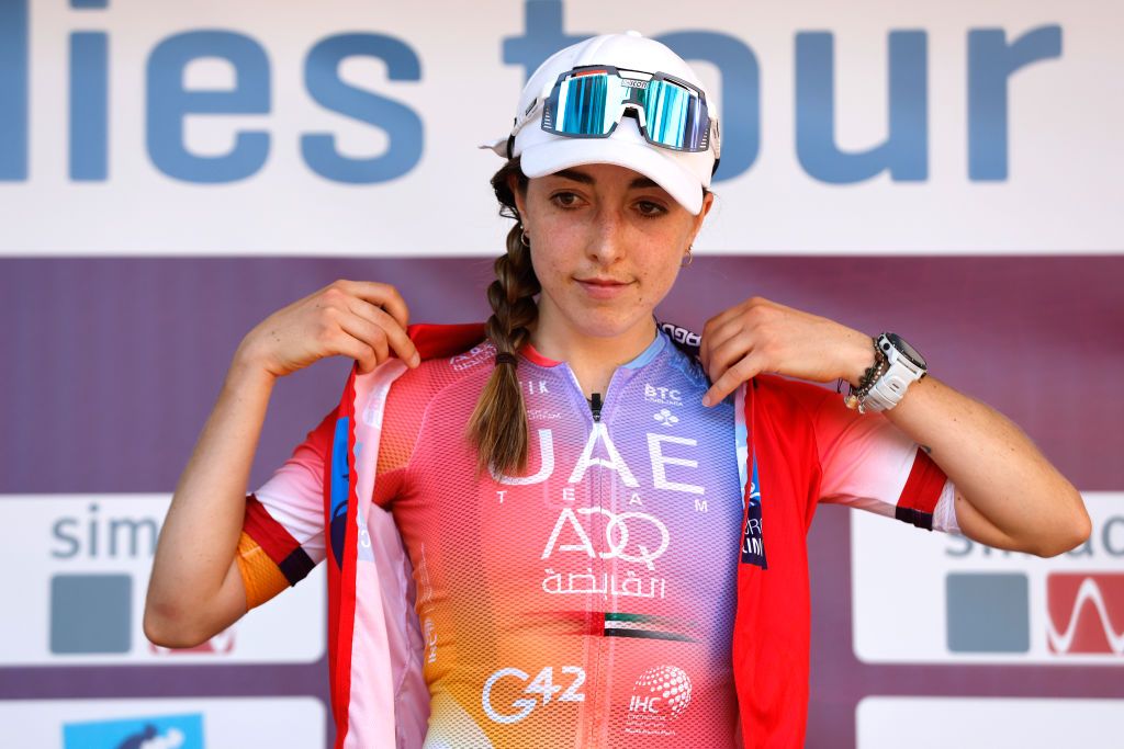 GENNEP NETHERLANDS SEPTEMBER 01 Sophie Wright of United Kingdom and UAE Team Adq celebrates at podium as stage winner during the 25th Simac Ladies Tour 2022 Stage 3 a 1391km stage from Gennep to Gennep SLT2022 UCIWWT on September 01 2022 in Gennep Netherlands Photo by Bas CzerwinskiGetty Images