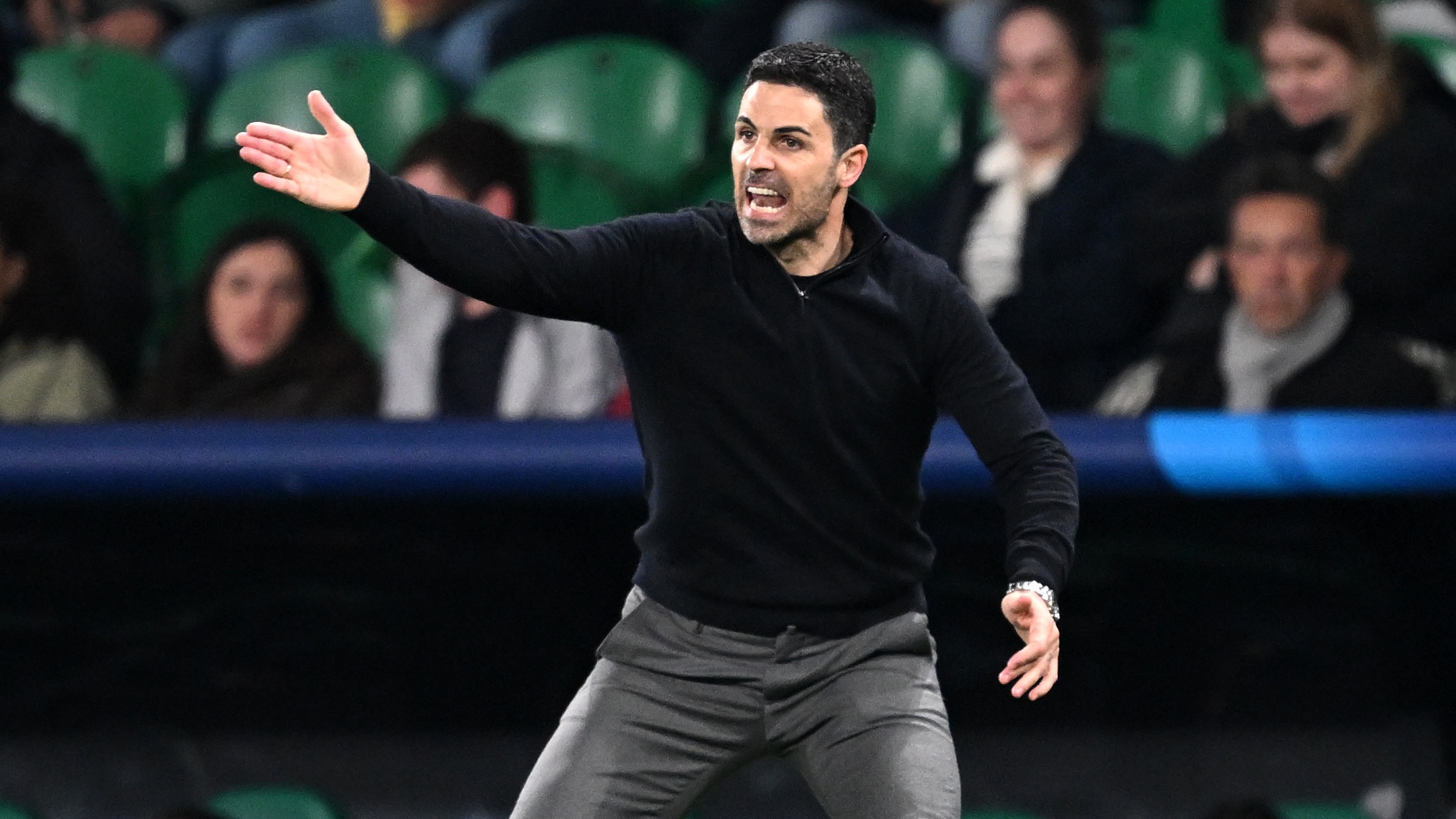 Mikel Arteta, Manager of Arsenal, reacts during the UEFA Champions League 2025/26 Quarter-Final First Leg match between Sporting Clube de Portugal and Arsenal FC at Estadio Jose Alvalade on April 07