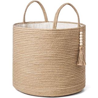 Mkono Woven Storage Basket Decorative Natural Rope Basket Wooden Bead Decoration for Blankets,toys,clothes,shoes,plant Organizer Bin With Handles Living Room Home Decor, Jute, 16